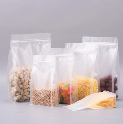 Op maat gemaakte platte bodem achtzijdige afdichting helder doorzichtig zip slot droog fruit voedsel rijst verpakking plastic stand up pouch