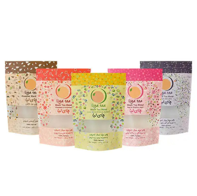 Custom Eco Recycleable Re-sealable Ziplock Food Kraft Paper Stand Up Pouches Zwarte thee verpakkingszakken met venster