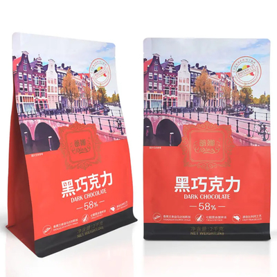 Op maat gemaakte plastic zakken Verpakking Ziplock Stand Up Pouch Gusset Chocolade Koffie Achtzijdig Verzegeld Flat Bottom Bag Met Zipper