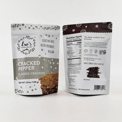 Op maat gedrukt 100g 250g 500g Stand up pouch vlaszaad crackers geurbestendige rits voedselverpakkingszakken
