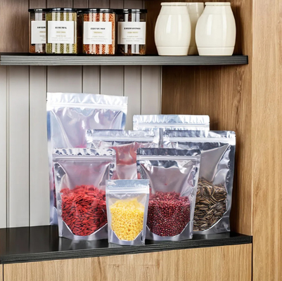 Nieuwe transparante PE-plastic stand-up ritszak met zilveren gravure printing food packaging voor suiker en gelei