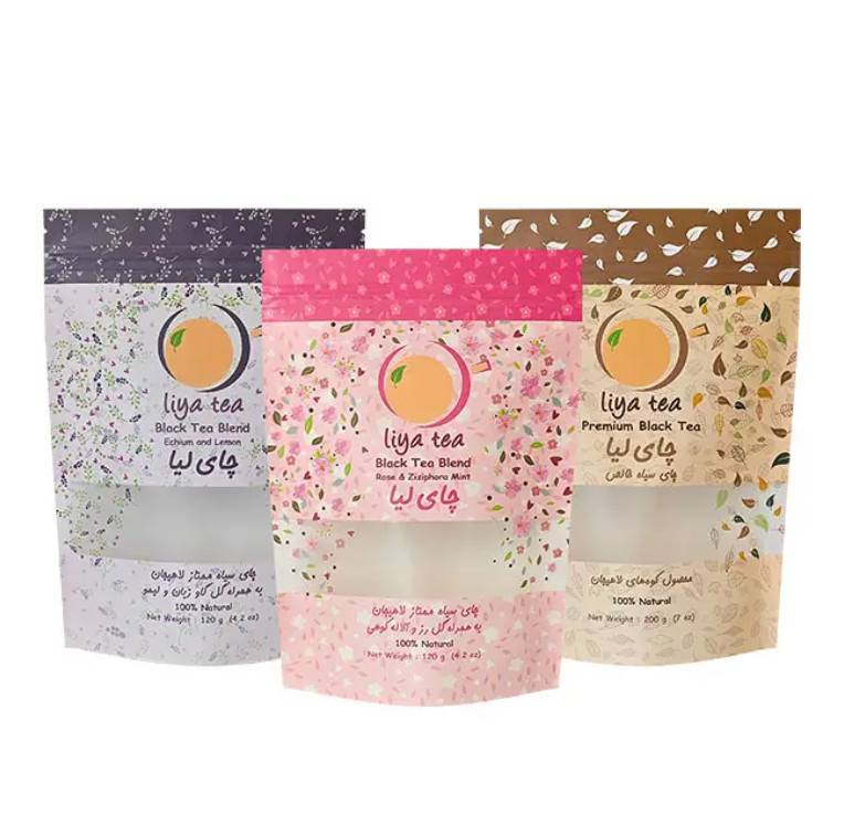 Custom Eco Recycleable Re-sealable Ziplock Food Kraft Paper Stand Up Pouches Zwarte thee verpakkingszakken met venster