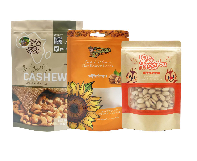 Op maat gemaakte Doypack Stand Up Top Zipper Gedroogd Fruit Voedsel Pakket Tas Peanut Walnut Bag Pine Peanuts Gemengde Cashew Nuts Verpakking