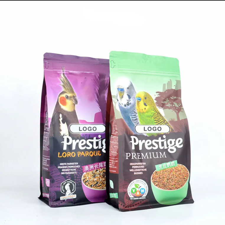 Aangepast logo afdrukken Eco-vriendelijke zijvouw Ziplock Plastic Droge hond Kat Vis Voedsel voor huisdieren Vlakke bodemzak Wilde vogelvoedselverpakking