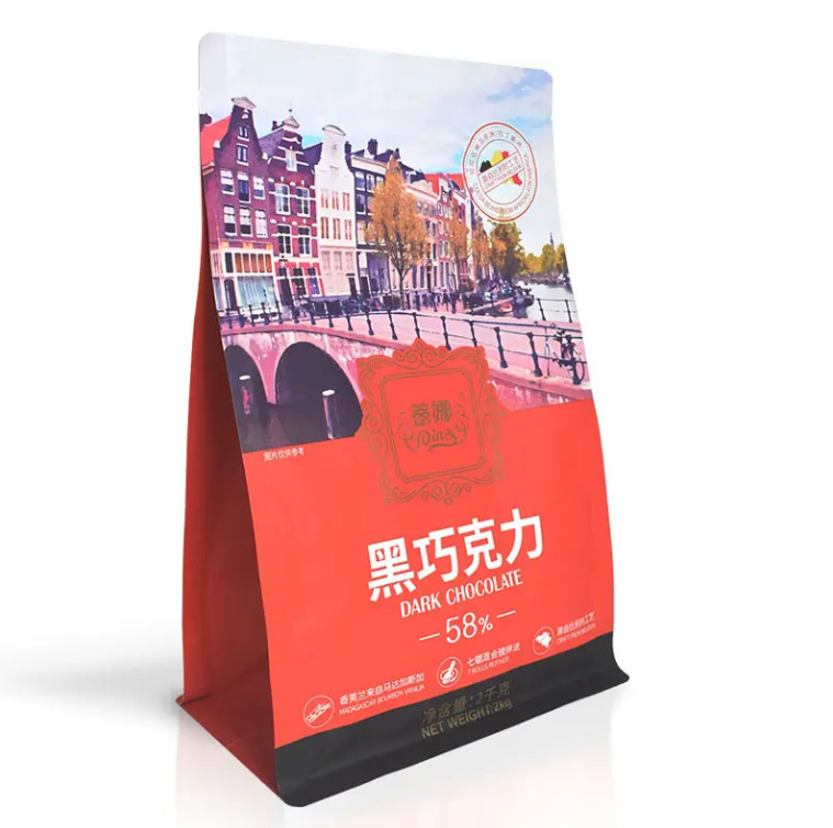 Op maat gemaakte plastic zakken Verpakking Ziplock Stand Up Pouch Gusset Chocolade Koffie Achtzijdig Verzegeld Flat Bottom Bag Met Zipper