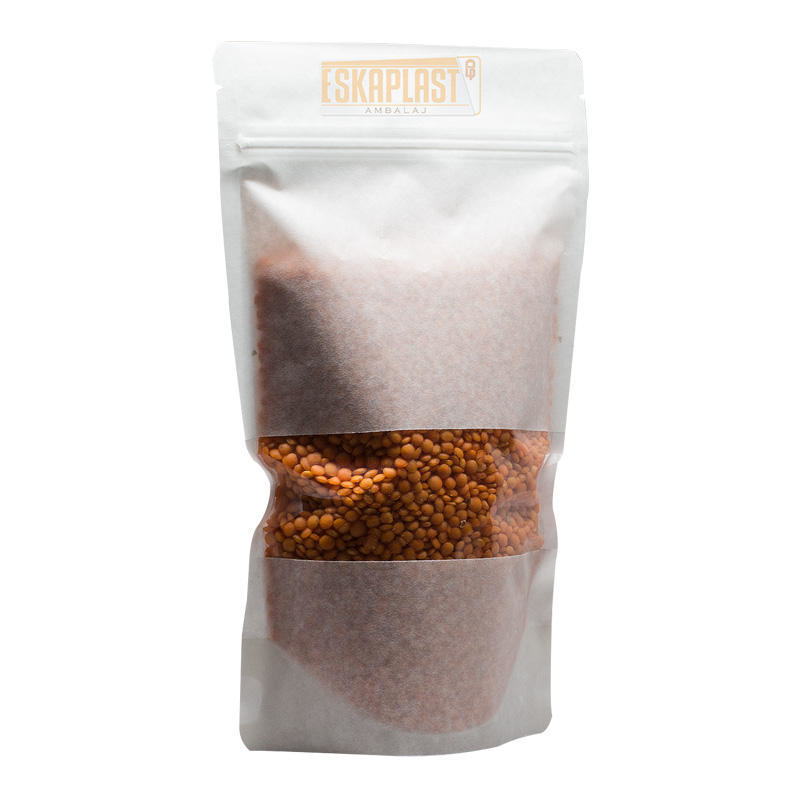 Witte koeienhuid tas (staande tas) met klein venster, op maat bedrukte rits, kraft papieren stazak/voedselverpakking